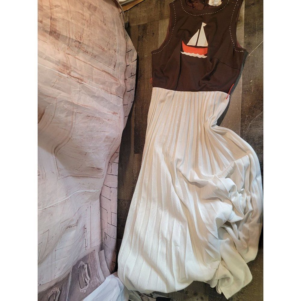 Vintage Ruth Norman Gay Gibson white brown‎ Sailing Boat dress